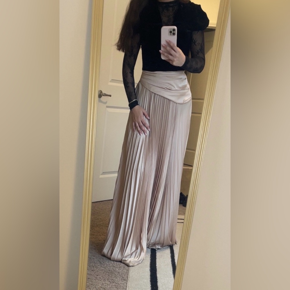 Elegant Cream  and Black Velvet Pleated Maxi Dress